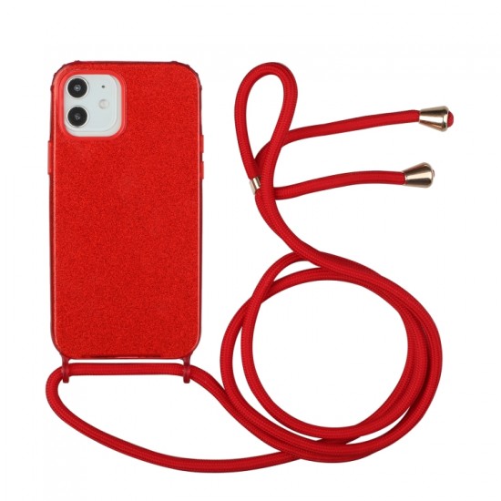 Glitter Θήκη Σιλικόνης iPhone  με κορδόνι Κόκκινη