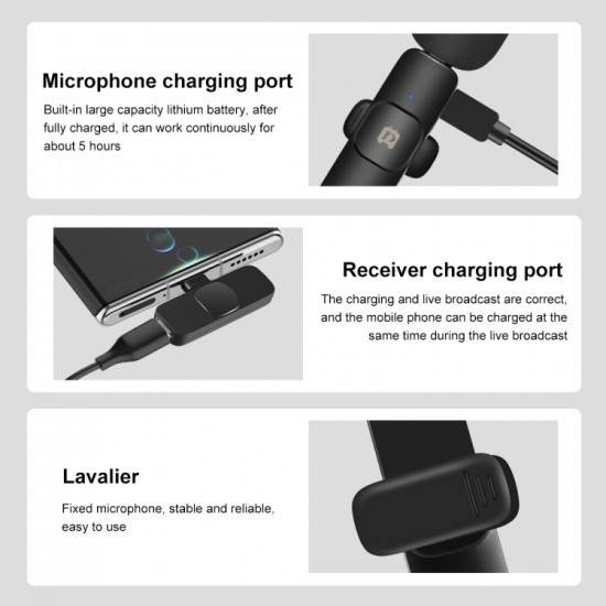 Μικρόφωνο PULUZ Wireless Lavalier Reverb μείωσης θορύβου για συσκευή Type-C / USB-C, υποστήριξη φόρτισης τηλεφώνου (Μαύρο)